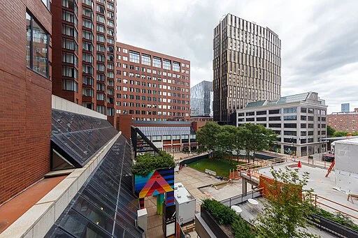 Office buildings and startup hubs in Kendall Square neighborhood of Cambridge, Massachusetts