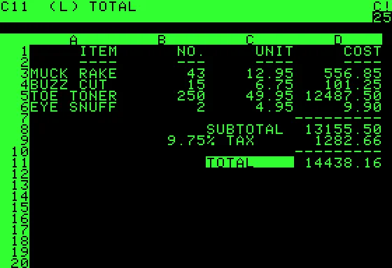 Screenshot of the original VisiCalc spreadsheet application showing columns and rows on a green and black Apple II interface