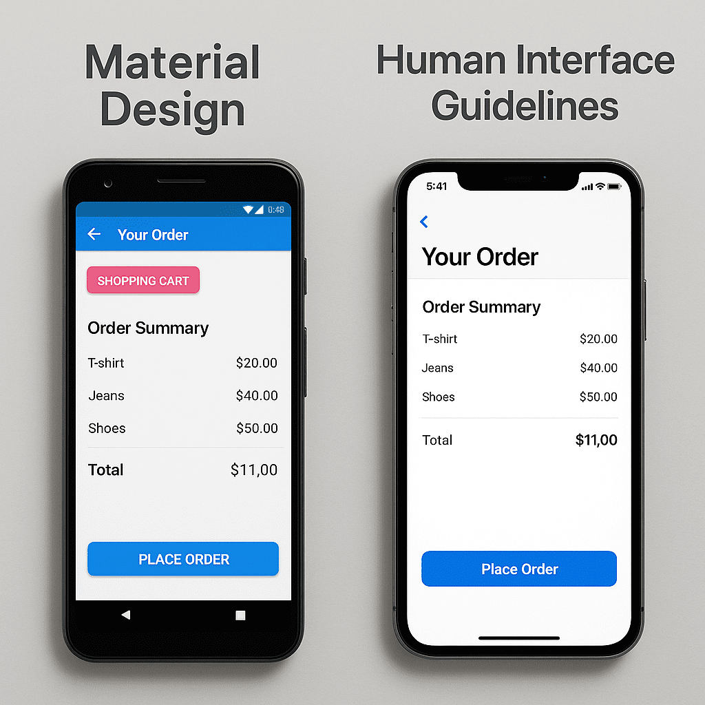 Two smartphones side by side comparing Material Design and Human Interface Guidelines user interfaces.