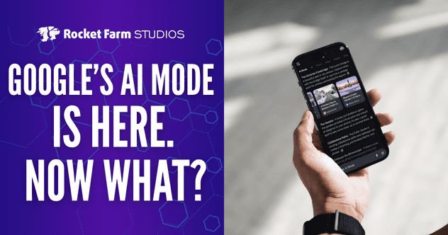 A person holding a smartphone showing AI-powered search results, with text overlay: “Google’s AI Mode Is Here. Now What?”
