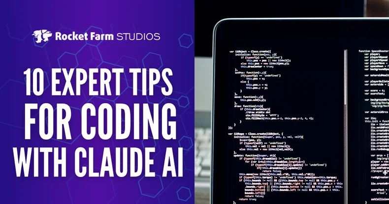Split-screen image with "10 Expert Tips for Coding with Claude AI" text on a purple background beside a close-up of a laptop displaying lines of code