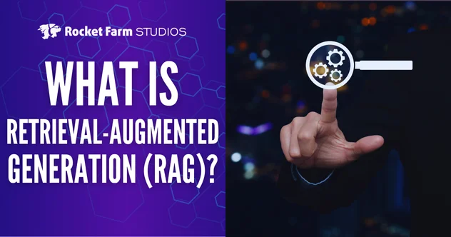 Rocket Farm Studios graphic showing a person pointing at a digital search icon, representing how RAG connects AI with external data sources.
